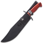 USMC Bowie Knife With Sheath - Stainless Steel Blade, Marines Themed Etches, Wooden Handle Scales - Length 14 1/2”