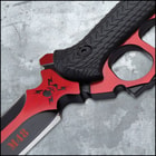 "Knuckle duster" handle exposed while the blade is enclosed in a vortec sheath with buckle closure. 
