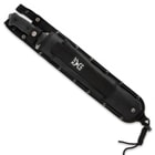 Combat machete enclosed in a black nylon sheath with a "M48 Ops" logo printed onto the elastic strap. 
