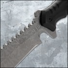Combat machete enclosed in a black nylon sheath with a "M48 Ops" logo printed onto the elastic strap. 
