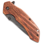 American Flag Pocket Knife - Stonewashed Black Stainless Steel Blade, Engraved Wooden Handle Scales, Pocket Clip