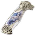 Winter Wolf Pocket Knife - 3Cr13 Stainless Steel, Sculpted Cast Metal And TPU Handle, Colorful Artwork, Liner Lock - Closed 5”