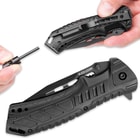 The fire starter is cleverly hidden in the strong ABS handle, which also features a pocket clip
