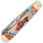 The handsome handle is made of natural wood with printed artwork and red bone panels with bands of blue with white stars