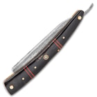 Timber Wolf Calcutta Folding Razor Knife And Sheath - Damascus Steel Blade, Bone Handle Scales, Brass Liners And Pins - Length 9 3/4”