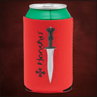 A can is shown inside a red koozie printed with black “HONSHU” logo and image of a dagger with black handle.