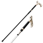 Black sword cane with metal shaft showing gold metal accents on handle and push button release
