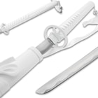 The sword has a 26” stainless steel blade with a display edged, extending from the white metal alloy habaki and tsuba