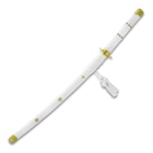 A matching scabbard with tassels houses the katana