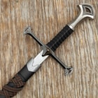 Full zoomed out view of middle ages warrior short broadsword in black sheath wrapped with brown leather belt
