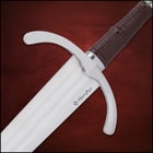 Honshu medieval sword in a smooth brown leather scabbard with polished metal accents on the tip and base
