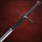 The scabbard is premium black leather with metal accents