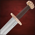 The Ballinderry Viking Sword shown in its dark brown sheath with carrying strap.