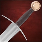 The Oakeshott 14th Century Sword shown in its leather wrapped scabbard with metal tip accent.