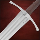 The Honshu Double Fuller Sword is shown secured in its dark brown leather scabbard with metal tip.