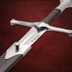 Close-up of longsword hilt and blade with Honshu logo