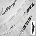 Close-up of scimitar with black handle and sheath