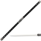 Twin ninja sword set locked together forming one long baton while showcasing the sharp pointed tip
