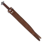 Legends in Steel sword in a brown leather scabbard with snap strap closure and shoulder strap displaying a viking-like pommel
