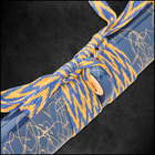 The 41” overall katana slides securely into its purple, spatter-painted wooden scabbard with purple and yellow cord-wrap