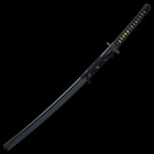 The 40” overall katana slides smoothly into a black, lacquered scabbard, accented with black cord-wrap to match the handle