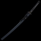The 40” overall katana slides smoothly into a black, lacquered scabbard, accented with black cord-wrap to match the handle