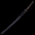 The 40” overall katana slides smoothly into a black, lacquered scabbard, accented with red slashes and black cord-wrap