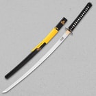 The 28 1/2” 1095 carbon steel blade has the requisite Japanese lion etched on it just below the brass habaki