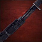 Scabbard is wooden with a semi-gloss black finish features black faux leather wrapping and cotton cord
