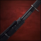 The scabbard is wooden with a semi-gloss black finish and features black faux leather wrapping and cotton cord