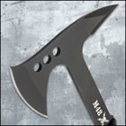 Each axe has a 5 1/5” wide, black 3Cr13 stainless steel head with a 2 1/2” blade and a penetration point on the back side