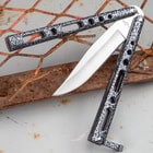 Black And Silver Speckled Skeleton Butterfly Knife - Stainless Steel Blade, Die Cast Metal Handles, USA Made