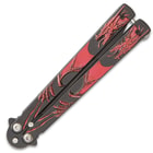 Crimson Dragon Butterfly Knife - Stainless Steel Blade, Black Non-Reflective Finish, Raised Artwork, Latch Lock - Length 9 1/4”