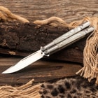 Mother of Pearl Stainless Steel Butterfly Pocket Knife displayed