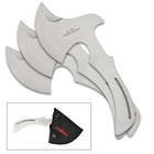 The axes are stainless steel and come with a sheath. Bottom left corner throwing axes enclosed in sheath. 
