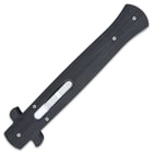 Closed automatic stiletto knife with matte black G10 handle scales and silver sliding trigger button.
