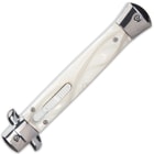 Closed pearl handle switchblade stilleto pocket knife with silver accents and a slide trigger.
