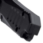 The 3 1/2” handle is black CNC-milled, anodized aluminum, and the trigger switch is conveniently located on top
