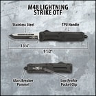 Upclose view of a OTF matte black knife handle with several engraved details and a glass breaking pommel on the endcap.
