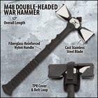 The hammer head features a skull crusher at its top and five penetrating points on each of its square-shaped heads