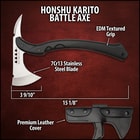 Up close angled view of a silver shining tomahawk axe blade with "Honshu" printed in black in the center of the blade.
