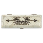 Skull And Arrow Bone Box - Genuine Bone, Brass Hinged Lid, Etched Design, Felt Lined Interior And Bottom - Dimensions 7” x 2 3/8” x 1/2"