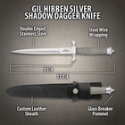 Angled view of mirror polished double-edged dagger with wire-wrapped hilt and "Gil Hibben" etching.