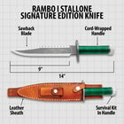 The Rambo I Signature Edition Knife 9" 420 J2 stainless steel saw-back blade, 1/4" thick for durability and precision. 