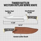 Diagram of Timber Rattler Bowie Knife with dimensions and features