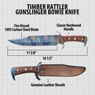 Diagram of Timber Rattler Bowie knife with dimensions and features