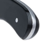 The black bone handle scales are attached to the tang with stainless steel pins and are gently grooved to provide a comfortable grip