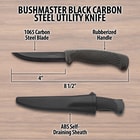 Bushmaster Black Carbon Steel Utility Knife - 1065 Carbon Steel Blade, Rubberized Handle, ABS Self-Draining Sheath