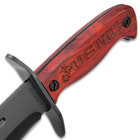 USMC Bowie Knife With Sheath - Stainless Steel Blade, Marines Themed Etches, Wooden Handle Scales - Length 14 1/2”