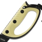 The desert tan, rubberized injection-molded handle provides secure grip and is in the saber style